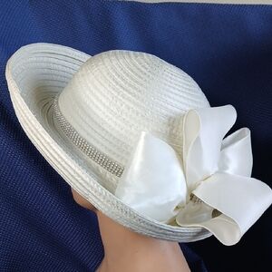 White Dressy Hat With Satin Bows And Bling